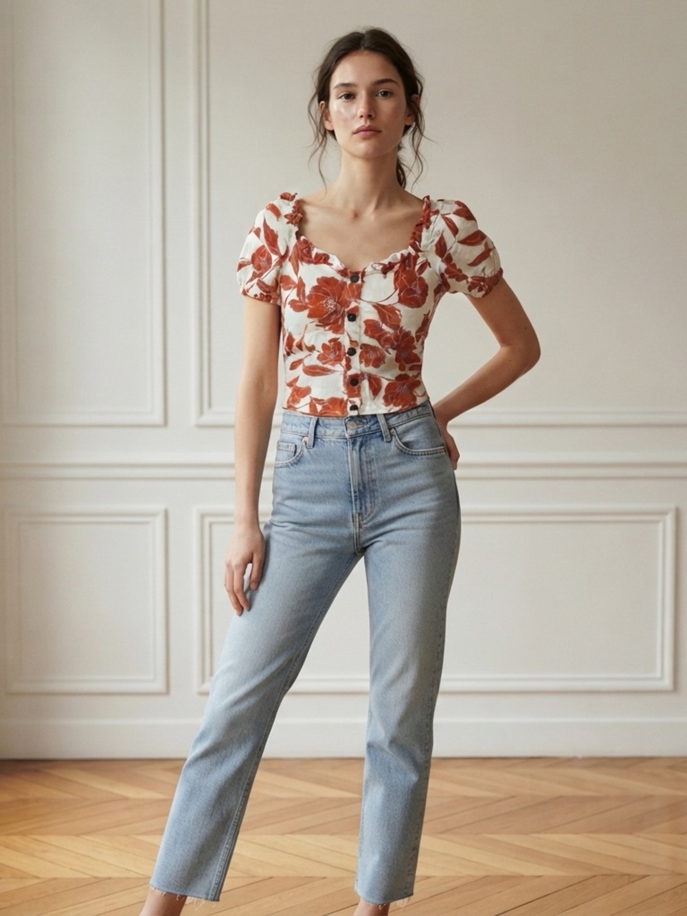 Monteau Juniors Medium Orange White Purple Floral Puff Sleeve Cropped Top